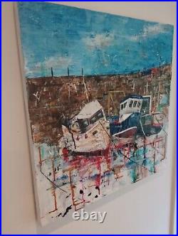 Original painting. Acrylic Mixed Media. Harbour Fishing Boats. 60x60cm