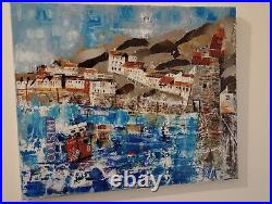 Original painting. Acrylic Mixed Media. Lynmouth Harbour. Devon. 20x24inches