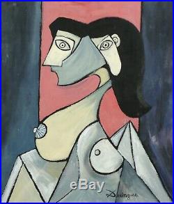 Oscar Dominguez Surreal Cubist Portrait of a Nude Lady Mixed Media Card Signed