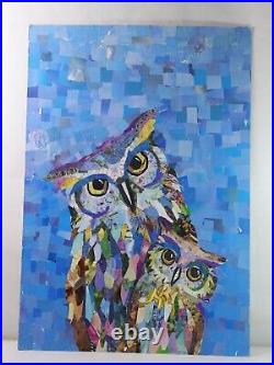 Owls Art Collage Fine Project Painting Signed Art Contemporary Mixed Media Rare