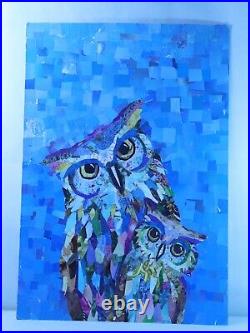 Owls Art Collage Fine Project Painting Signed Art Contemporary Mixed Media Rare