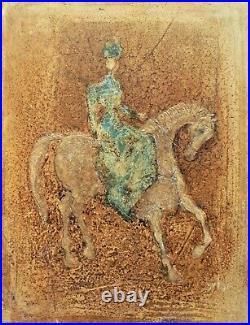 PAUL DUFAU fascinating textural oil mixed media. Lady on horse. S&d 1968 60's