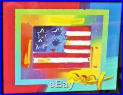 PETER MAX Flag with Heart on Blends Framed Mixed Media Art on Paper Signed, COA