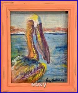 Pelican, 10x12, Original Mixed Media Pastel Painting, Signed Art, Frame