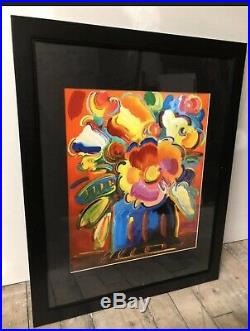 Peter Max Abstract Flowers IV Original Signed Mixed Media Framed with COA
