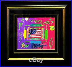 Peter Max Flag (overpaint) Unique Mixed Media 24x26 Framed Others Avail