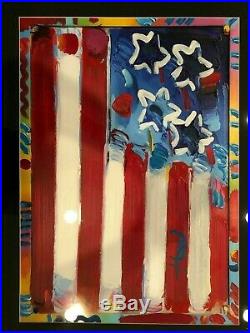 Peter Max Flag with Heart Original signed Mixed Media Framed with COA