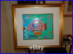 Peter Max Flag with Heart original unique mixed media painting