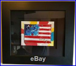 Peter Max Mixed Media Flag with Heart Acrylic Painting hand signed Original 9x12