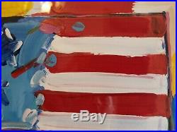 Peter Max Mixed Media Flag with Heart Acrylic Painting hand signed Original 9x12