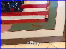Peter Max Original Flag with Heart Framed, Acrylic Mixed Media Signed + COA