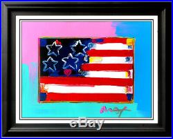 Peter Max Original Mixed Media Painting Flag With Heart Acrylic Signed Pop Art