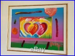 Peter Max Two Hearts On Blends Mixed Media Unique Acrylic on Lithograph Original