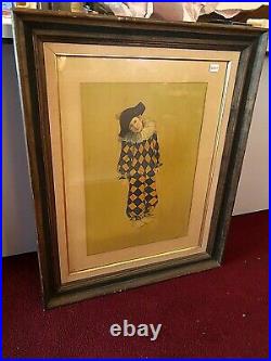 R. DIEBMANN Vintage Framed Painting of Young Boy as Harlequin Pierrot Clown