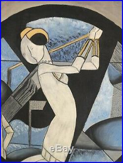 Rare Vintage Contemporary Art Deco Lady Playing Golf Geometric Painting