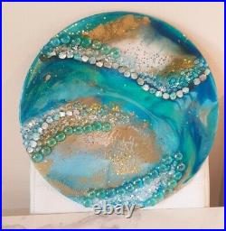 Resin Geode, Round Canvas, Mixed Media Art, TURQUOISE Geode, Home decoration