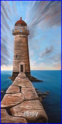 Retired Lighthouse Original Mixed Media Painting Seascape Coast Waves Art
