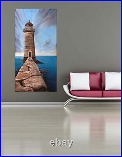 Retired Lighthouse Original Mixed Media Painting Seascape Coast Waves Art