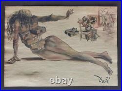 Salvador Dali watercolor drawing on paper signed and stamped mixed media