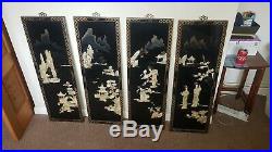 Set Of 4 Mother Of Pearl Laquer Work Oriental Framed Wall Decor Panels