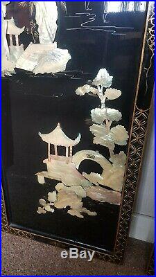 Set Of 4 Mother Of Pearl Laquer Work Oriental Framed Wall Decor Panels