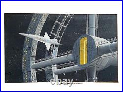 Space station mixed media painting showing departing Pan American Shuttle