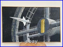 Space station mixed media painting showing departing Pan American Shuttle