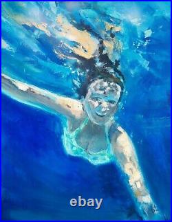 Swimming Girl Series Z3 Original Mixed Media Painting on Canvas