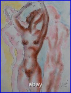 Three female nudes. Original mixed media by listed US artist Nicolaus Koni c1960
