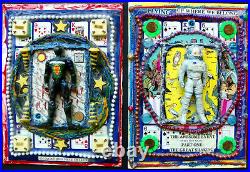 Two Painting Set, Action Figure Abstract Adventure Art, Mixed Media Punk Collage