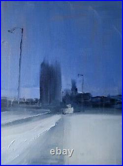 Urban Winter Blue Original Mixed Media Painting on Canvas