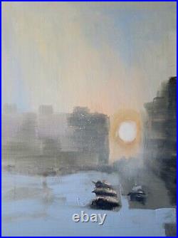 Urban Winter Dawn. Original Mixed Media Painting on Canvas