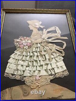 Vintage Framed Folk Art Ladies Wedding Collage Satin Ribbon Lace Paper 10 x 13