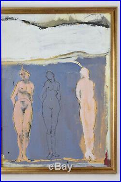 Vintage Mid-Century Modern Abstract Mixed Media Painting 3 Nudes Three Graces