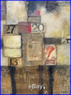 Vintage Mid-Century Modern Large Abstract Oil Mixed Media Painting Signed RAUL