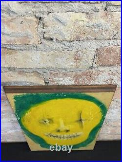 Vintage Skull Painting Wall Plaque Folk Art Mixed Media 1970s Creepy Weird OOAK