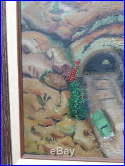 Vintage WPA New Mexico Rock Tunnels Cars Landscape Oil Painting mixed media dirt