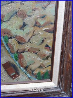 Vintage WPA New Mexico Rock Tunnels Cars Landscape Oil Painting mixed media dirt