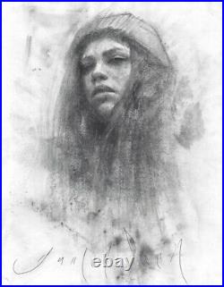 YOUNG GIRL with A HAT 8x11 Female Portrait Mixed Media Original Charcoal Drawing