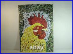 Yellow Rooster Collage Painting, Signed By Christin Emad Mixed Media Art Collage